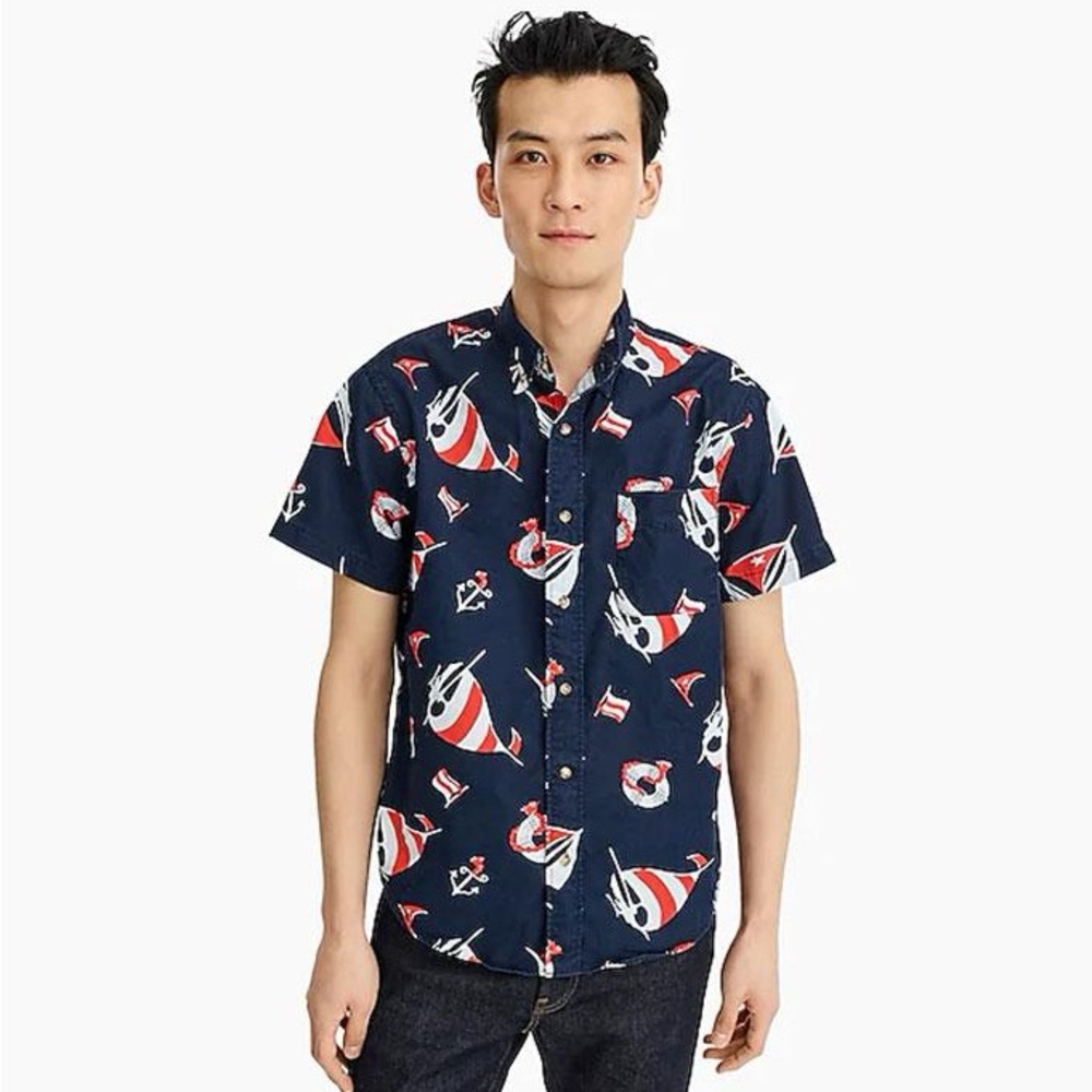 NWT J. Crew Nautical Sailboats Short Sleeve Button Down Shirt SZ MED